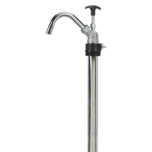 The Sealey Lift Action Pump - TP6805 features a metal water spigot with a curved spout and a valve handle on a vertical pipe, enhanced by an integrated adjustable dip tube for improved functionality.