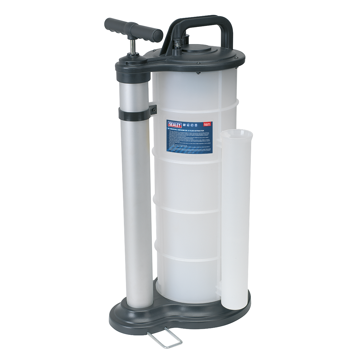 This image showcases the Sealey Vacuum Oil & Fluid Extractor Manual 9L - TP6901, featuring a vertical cylindrical container, T-shaped handle, and foot pedal at the base, ideal for engine oil extraction.