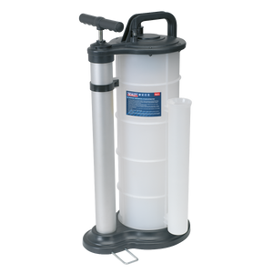 This image showcases the Sealey Vacuum Oil & Fluid Extractor Manual 9L - TP6901, featuring a vertical cylindrical container, T-shaped handle, and foot pedal at the base, ideal for engine oil extraction.