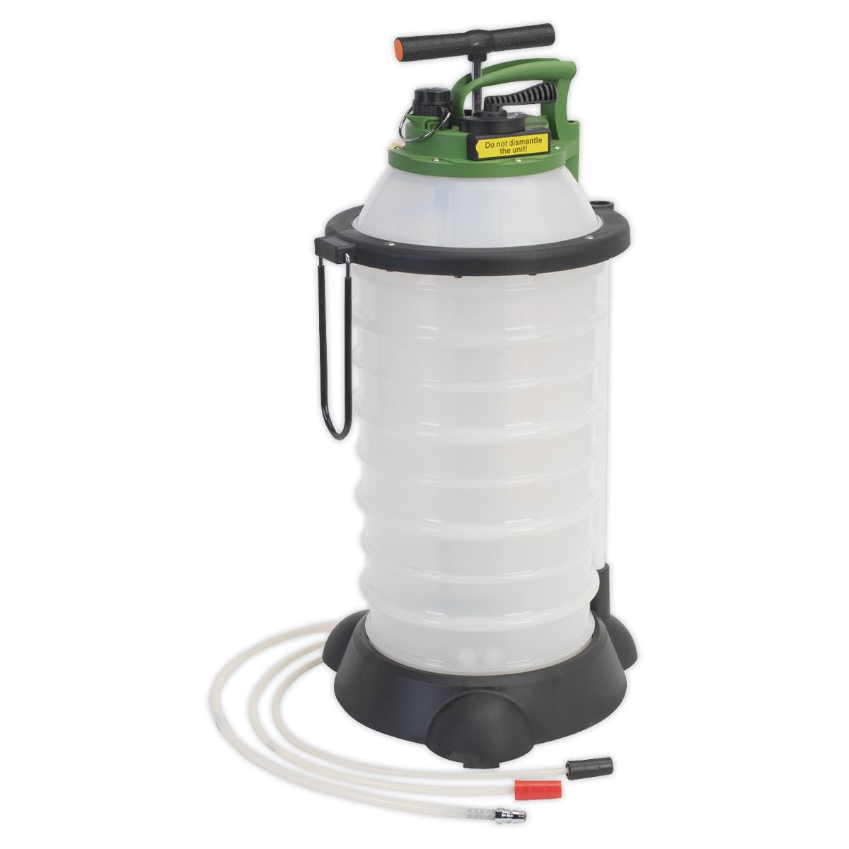 The Sealey Vacuum Oil & Fluid Extractor & Discharge 18L - TP6906 is a white device with an 18-liter capacity, showcasing a green handle and a black base. It includes attached hoses for precise discharge control.