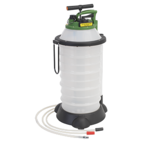 The Sealey Vacuum Oil & Fluid Extractor & Discharge 18L - TP6906 is a white device with an 18-liter capacity, showcasing a green handle and a black base. It includes attached hoses for precise discharge control.