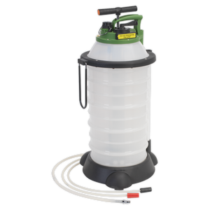 The Sealey Vacuum Oil & Fluid Extractor & Discharge 18L - TP6906 is a white device with an 18-liter capacity, showcasing a green handle and a black base. It includes attached hoses for precise discharge control.