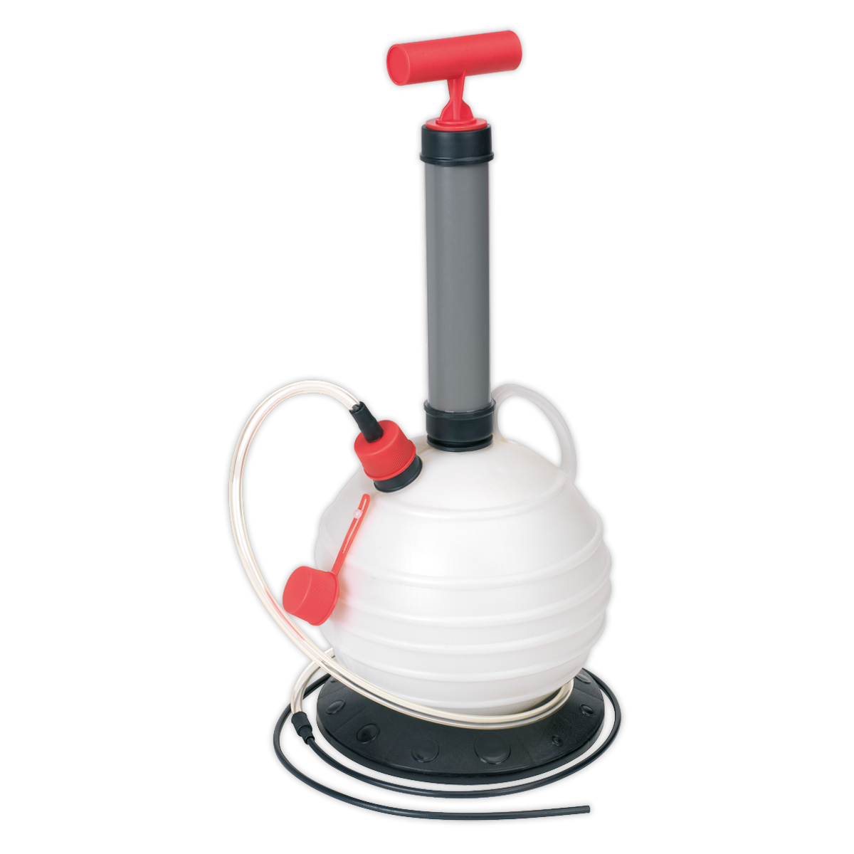 The Sealey Vacuum Oil & Fluid Extractor Manual 5.5L - TP696 is a white siphon pump with red and black accents, featuring a T-shaped handle, flexible tubes, and a black base. Ideal for low viscosity fluids, this device is perfect for engine oil extraction.