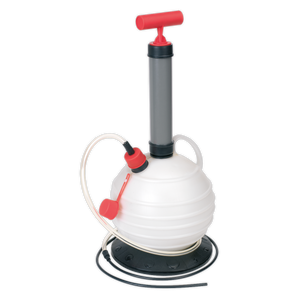 The Sealey Vacuum Oil & Fluid Extractor Manual 5.5L - TP696 is a white siphon pump with red and black accents, featuring a T-shaped handle, flexible tubes, and a black base. Ideal for low viscosity fluids, this device is perfect for engine oil extraction.