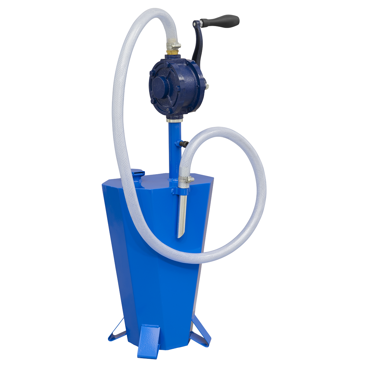 The Sealey Gear Oil Pump with 10.5L Steel Reservoir - TP70 is a blue, hand-operated rotary type pump featuring a curved handle and an attached white hose, making it ideal for transferring gear oil.