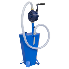 The Sealey Gear Oil Pump with 10.5L Steel Reservoir - TP70 is a blue, hand-operated rotary type pump featuring a curved handle and an attached white hose, making it ideal for transferring gear oil.