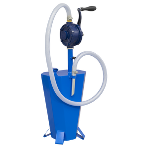 The Sealey Gear Oil Pump with 10.5L Steel Reservoir - TP70 is a blue, hand-operated rotary type pump featuring a curved handle and an attached white hose, making it ideal for transferring gear oil.