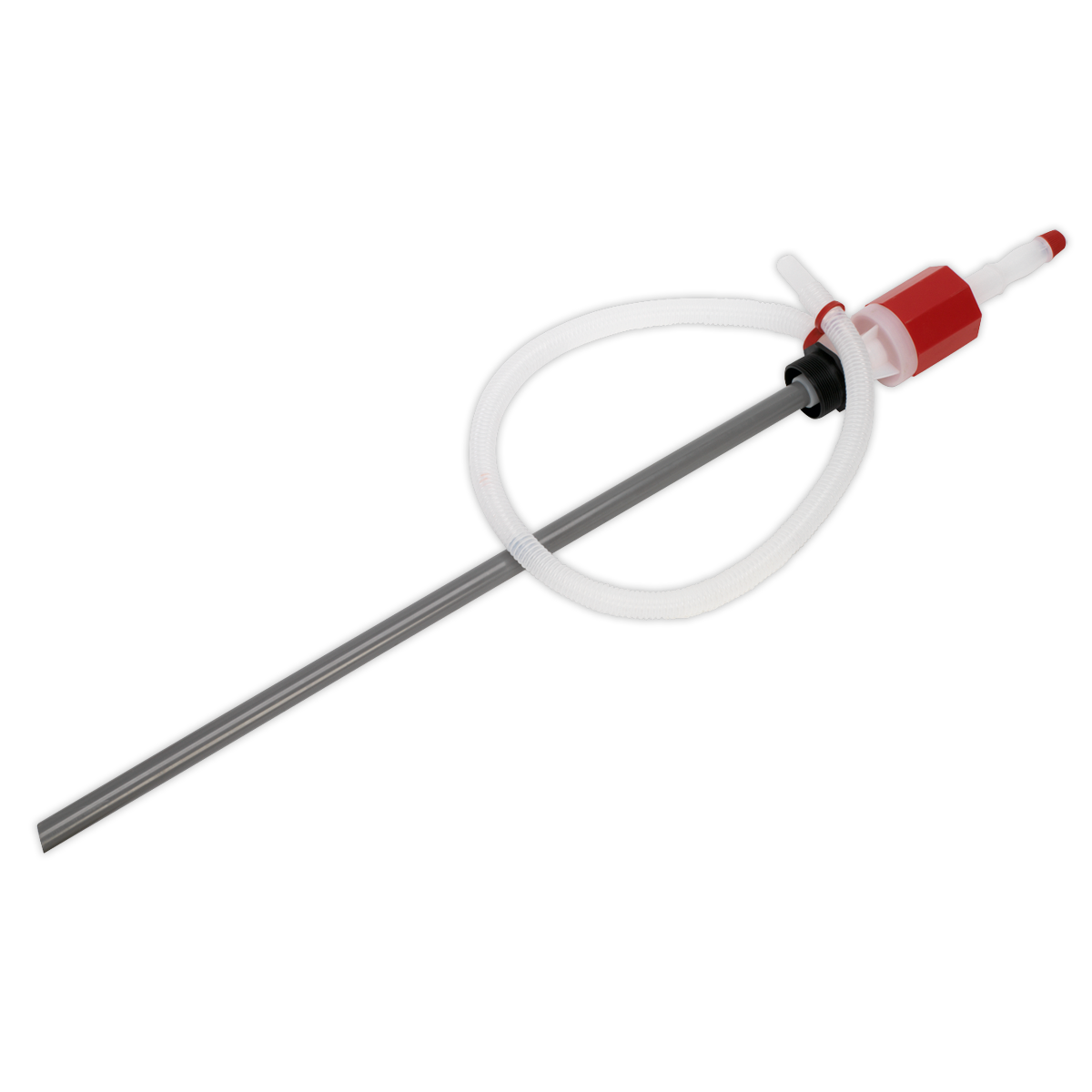 A high-flow syphon pump for a 205L drum, known as the TP781 by Sealey, featuring a long, thin rod with a red and white connector, a looped handle near the middle, and an added vent cap for enhanced functionality.