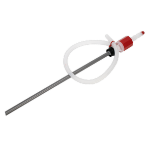 A high-flow syphon pump for a 205L drum, known as the TP781 by Sealey, featuring a long, thin rod with a red and white connector, a looped handle near the middle, and an added vent cap for enhanced functionality.