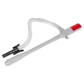 The Sealey Jerry Can Pump Battery Operated - TP80 is a white and red device featuring a long tube, handheld grip, and a convenient auto-stop function.