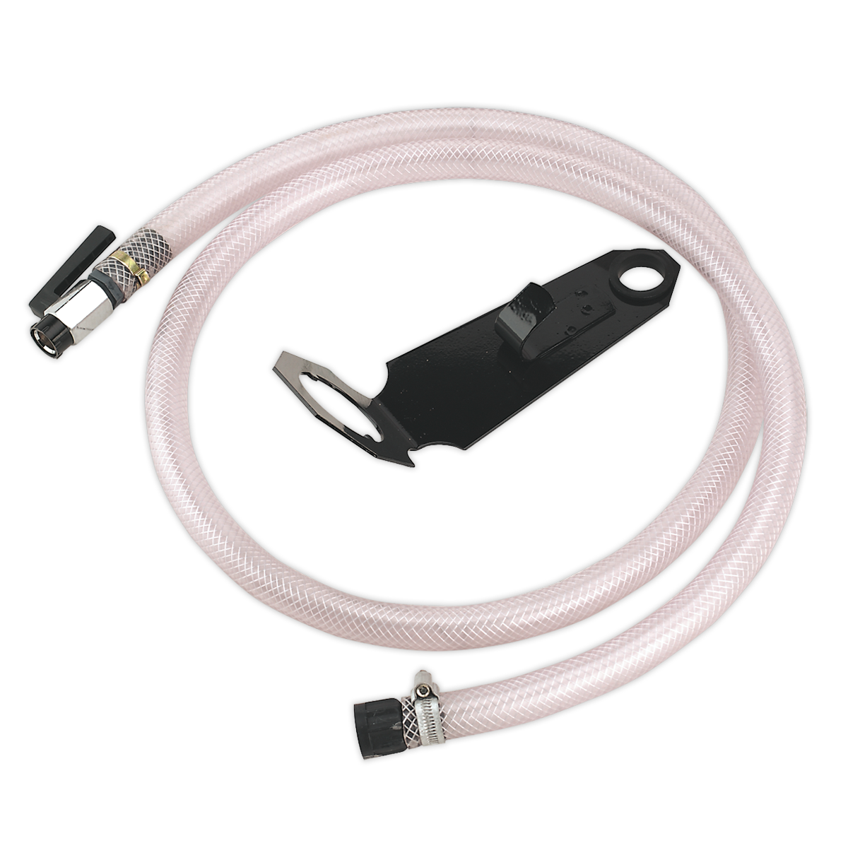 The Sealey Hose Kit 2m for TP90 (model TP90HK) includes a coiled translucent hose with metal connectors at both ends, along with a black mounting bracket.