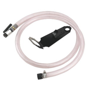 The Sealey Hose Kit 2m for TP90 (model TP90HK) includes a coiled translucent hose with metal connectors at both ends, along with a black mounting bracket.