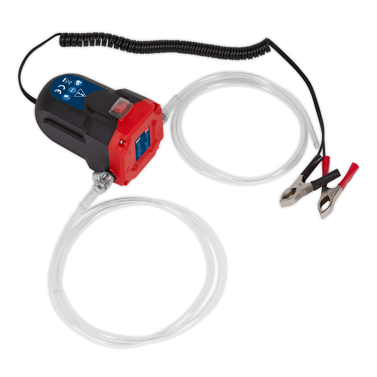 A Sealey Oil Transfer Pump 12V - TP9312 features black and red clamps attached to coiled cables, with a black body and a red front panel displaying indicators.