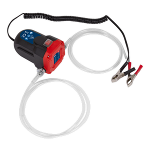 A Sealey Oil Transfer Pump 12V - TP9312 features black and red clamps attached to coiled cables, with a black body and a red front panel displaying indicators.