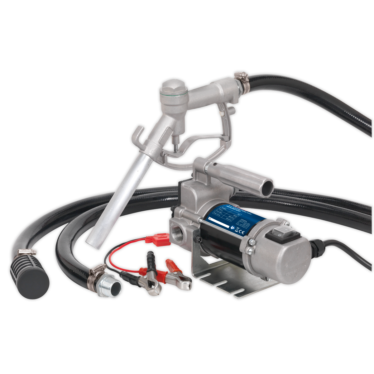 This image shows a Sealey Diesel/Fluid Transfer Pump Portable 12V - TP96 with hoses, a nozzle, and alligator clamps.