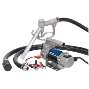 This image shows a Sealey Diesel/Fluid Transfer Pump Portable 12V - TP96 with hoses, a nozzle, and alligator clamps.