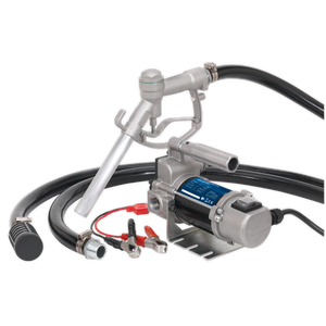 This image shows a Sealey Diesel/Fluid Transfer Pump Portable 12V - TP96 with hoses, a nozzle, and alligator clamps.