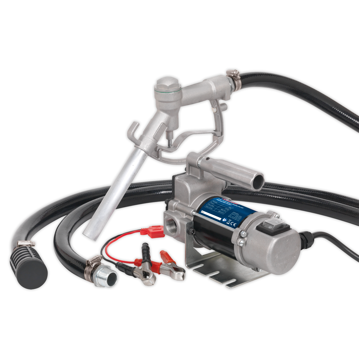 The Sealey Diesel/Fluid Transfer Pump Portable 24V - TP9624 comes with self-priming capabilities, attached hoses, a nozzle, and clips. It is the ideal equipment for seamless diesel fuel transfer.