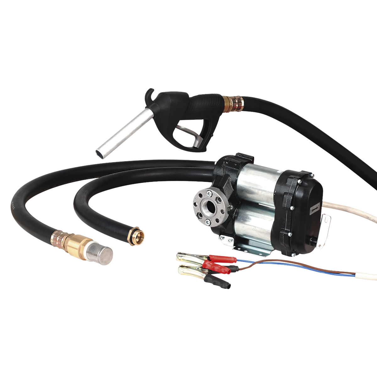 Introducing the Sealey Diesel & Fluid Transfer Pump 24V High Flow - TP9824, equipped with black hoses, a dispensing nozzle, and attached electrical connectors; perfect for diesel vehicles.