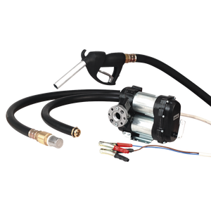 Introducing the Sealey Diesel & Fluid Transfer Pump 24V High Flow - TP9824, equipped with black hoses, a dispensing nozzle, and attached electrical connectors; perfect for diesel vehicles.