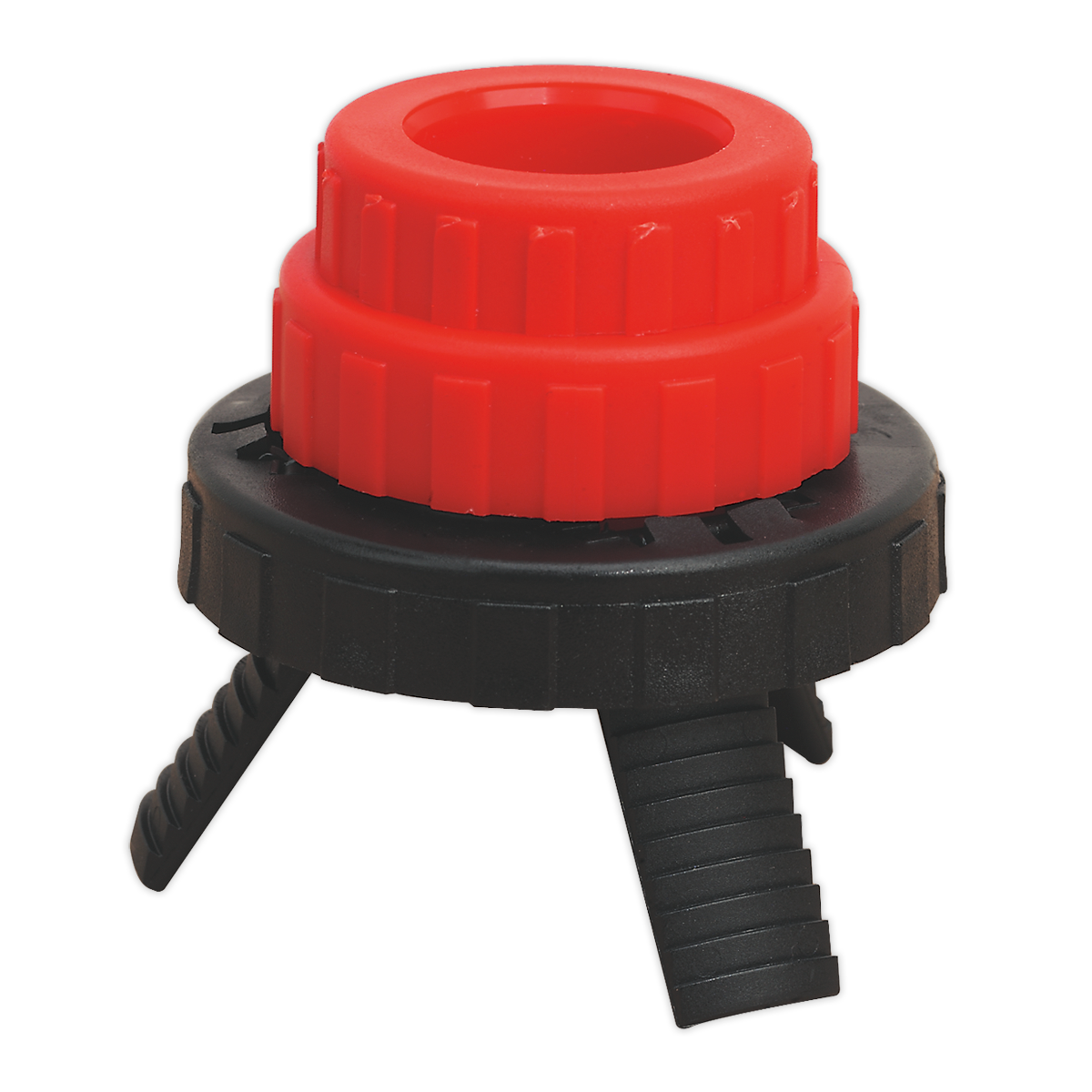 The Sealey Universal Drum Closure Adaptor - TP99/1 features a plastic component with a red cylindrical top and a black base with three angled legs.