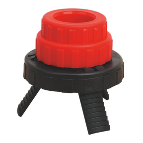The Sealey Universal Drum Closure Adaptor - TP99/1 features a plastic component with a red cylindrical top and a black base with three angled legs.