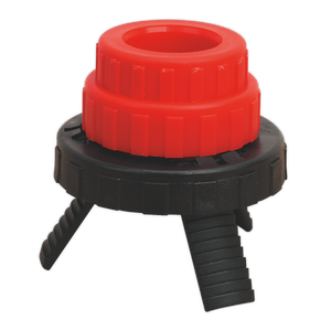 The Sealey Universal Drum Closure Adaptor - TP99/1 features a plastic component with a red cylindrical top and a black base with three angled legs.