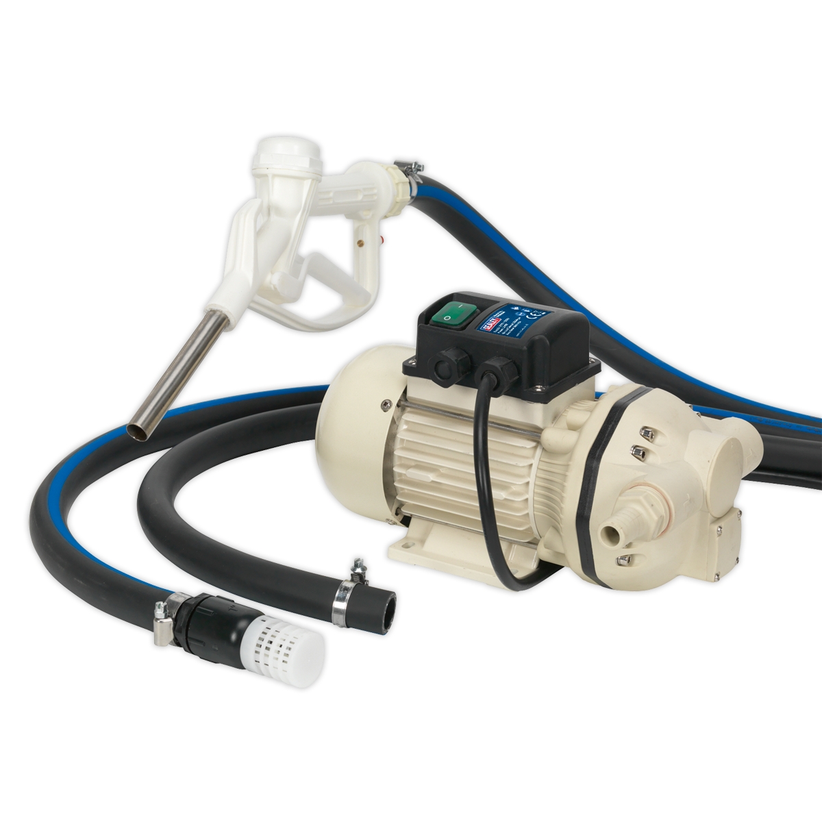 Image of the Sealey AdBlue® Transfer Pump Portable 230V - TP99230, equipped with a hose, nozzle, and filter, commonly used for transferring liquids such as fuel.