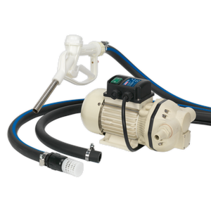 Image of the Sealey AdBlue® Transfer Pump Portable 230V - TP99230, equipped with a hose, nozzle, and filter, commonly used for transferring liquids such as fuel.