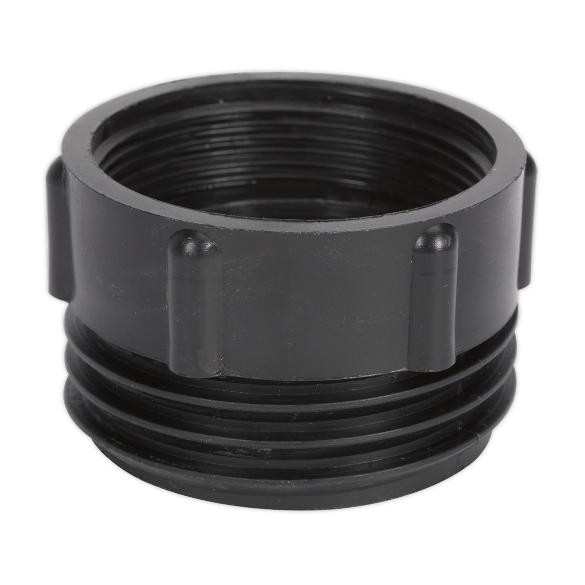 The Sealey Drum Adaptor Ø69mm Mauser - TPA04 is a black plastic threaded pipe fitting, featuring ridges, a slightly glossy surface, and a BSP thread, making it perfect as a polypropylene drum adaptor.