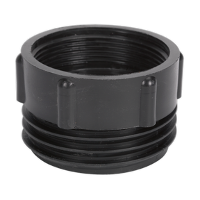 The Sealey Drum Adaptor Ø69mm Mauser - TPA04 is a black plastic threaded pipe fitting, featuring ridges, a slightly glossy surface, and a BSP thread, making it perfect as a polypropylene drum adaptor.