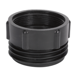 The Sealey Drum Adaptor Ø69mm Mauser - TPA04 is a black plastic threaded pipe fitting, featuring ridges, a slightly glossy surface, and a BSP thread, making it perfect as a polypropylene drum adaptor.