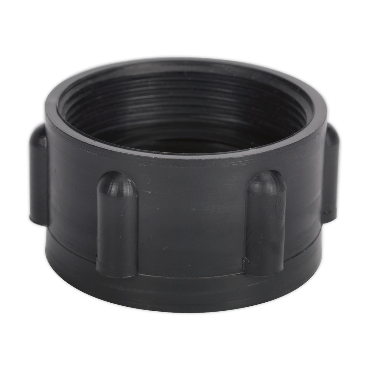 The Sealey Drum Adaptor Ø61mm DIN 61/31 - TPA07 is a black plastic fitting with a cylindrical shape and multiple protruding tabs around its exterior, designed specifically as a polypropylene drum adaptor for a perfect BSP thread connection.