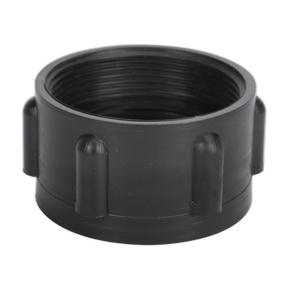 The Sealey Drum Adaptor Ø61mm DIN 61/31 - TPA07 is a black plastic fitting with a cylindrical shape and multiple protruding tabs around its exterior, designed specifically as a polypropylene drum adaptor for a perfect BSP thread connection.