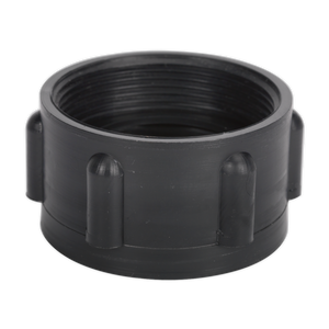 The Sealey Drum Adaptor Ø61mm DIN 61/31 - TPA07 is a black plastic fitting with a cylindrical shape and multiple protruding tabs around its exterior, designed specifically as a polypropylene drum adaptor for a perfect BSP thread connection.