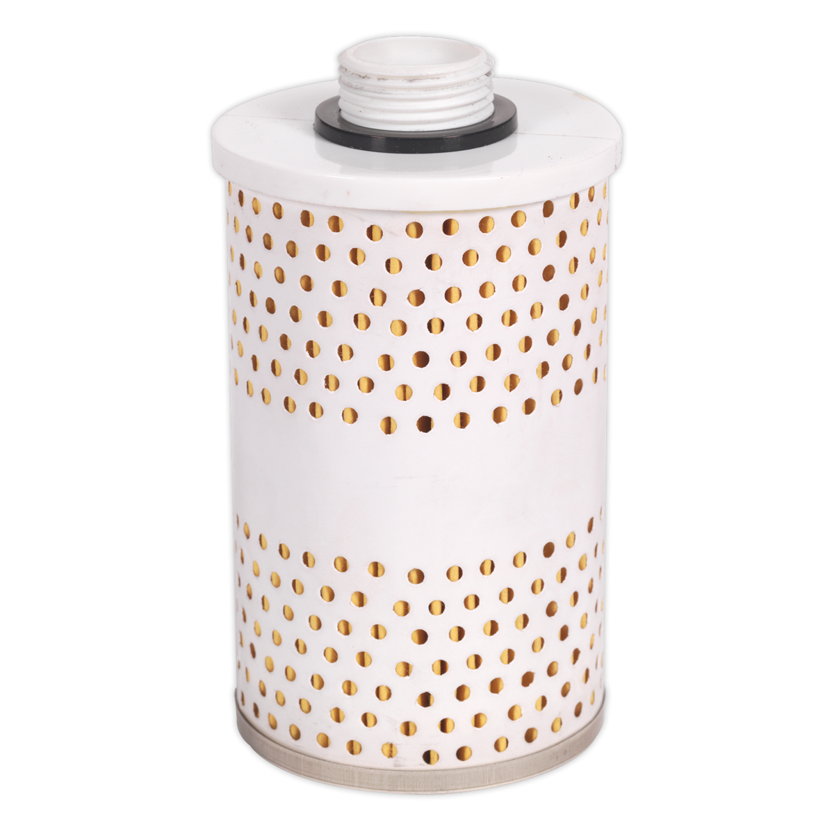 The Filter for TPF01 - TPF01.F by Sealey is a cylindrical, white metal filter with a threaded top and evenly spaced circular perforations on the side.