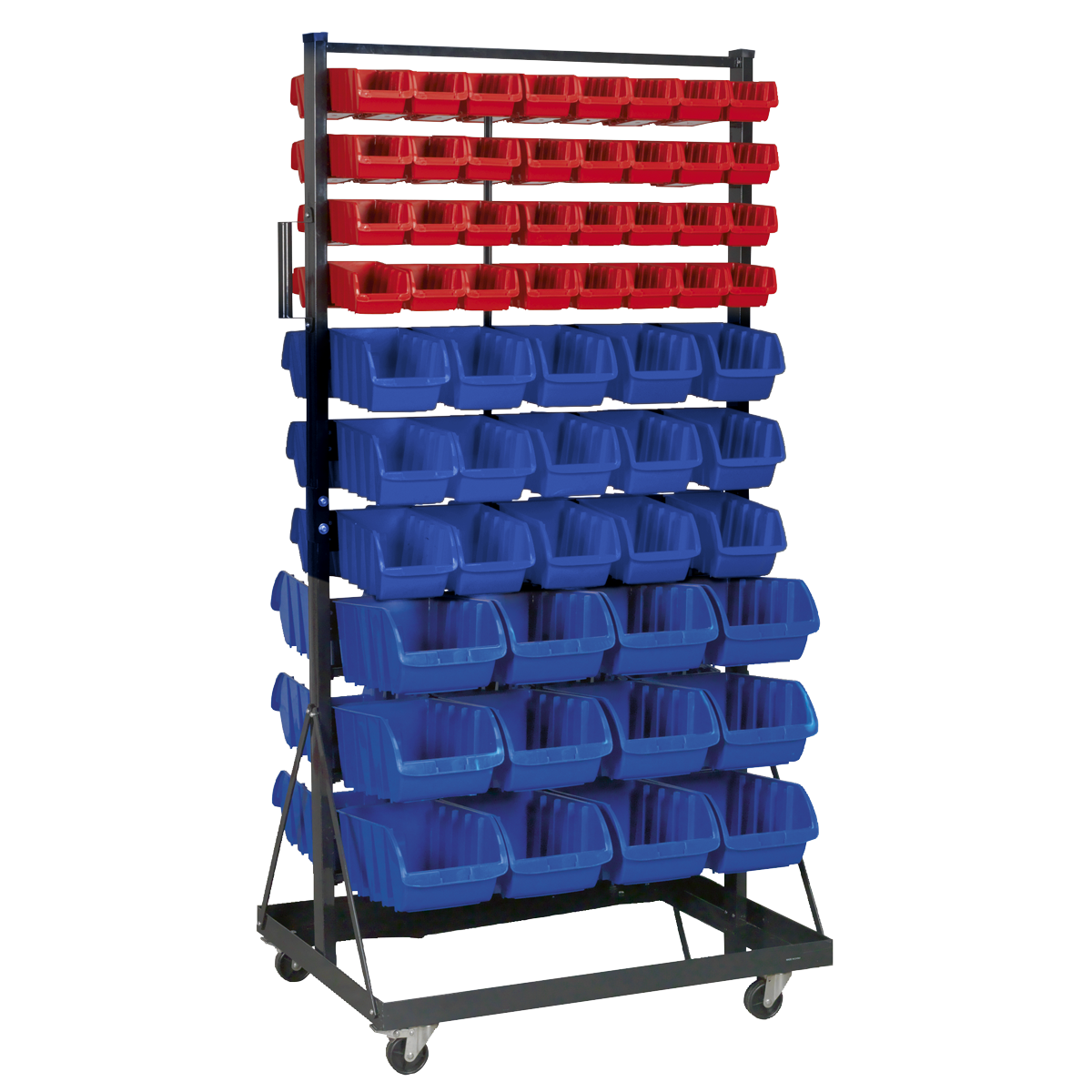 The Sealey Mobile Bin Storage System 118 Bin - TPS118 features red and blue composite storage bins arranged on a powder-coated steel racking with heavy-duty castors for easy maneuverability.