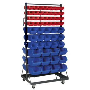 The Sealey Mobile Bin Storage System 118 Bin - TPS118 features red and blue composite storage bins arranged on a powder-coated steel racking with heavy-duty castors for easy maneuverability.
