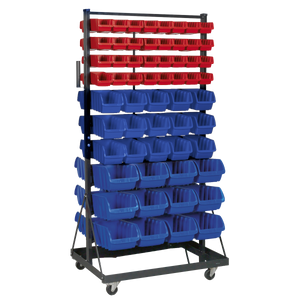 The Sealey Mobile Bin Storage System 118 Bin - TPS118 features red and blue composite storage bins arranged on a powder-coated steel racking with heavy-duty castors for easy maneuverability.