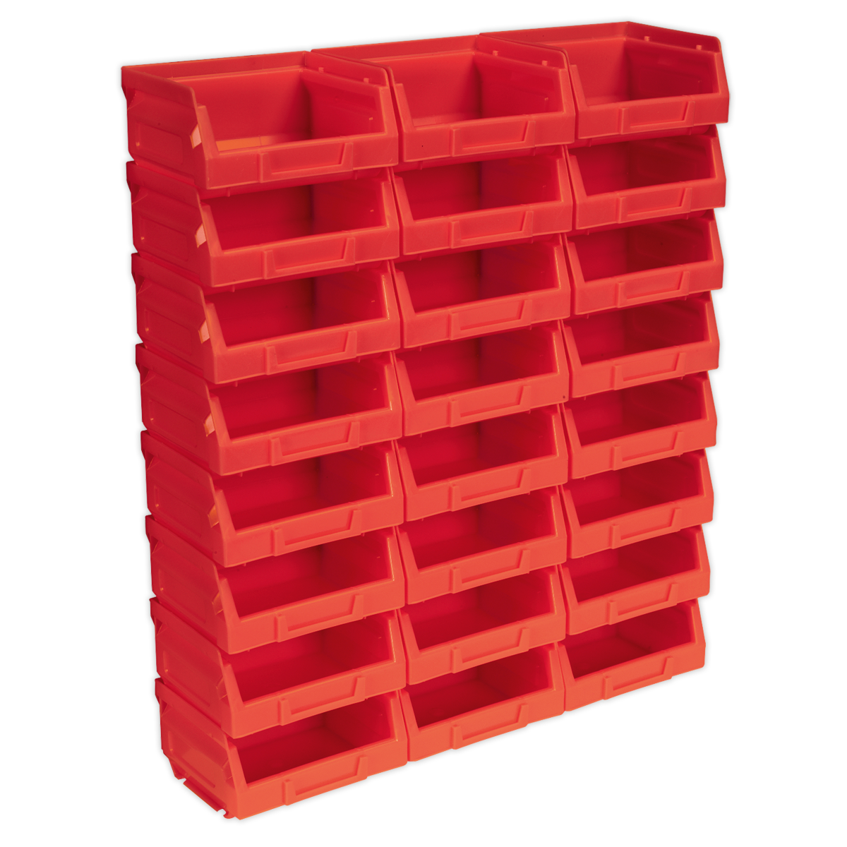 The Sealey Plastic Storage Bin 105 x 85 x 55mm - Red Pack of 24 (TPS124R) features a shockproof polymer organizer with 24 small storage bins arranged in 4 columns and 6 rows, ideal for holding small items.