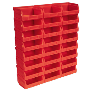 The Sealey Plastic Storage Bin 105 x 85 x 55mm - Red Pack of 24 (TPS124R) features a shockproof polymer organizer with 24 small storage bins arranged in 4 columns and 6 rows, ideal for holding small items.