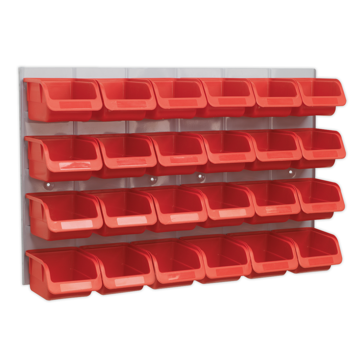 Introducing the Sealey Bin & Panel Combination 24 Bins - Red - TPS130: a wall-mounted organizer featuring 24 red plastic bins, arranged in four rows with six bins per row. Built with a heavy-duty steel back panel for enhanced durability.