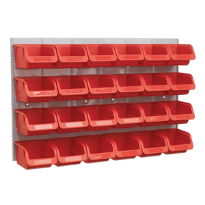 Introducing the Sealey Bin & Panel Combination 24 Bins - Red - TPS130: a wall-mounted organizer featuring 24 red plastic bins, arranged in four rows with six bins per row. Built with a heavy-duty steel back panel for enhanced durability.