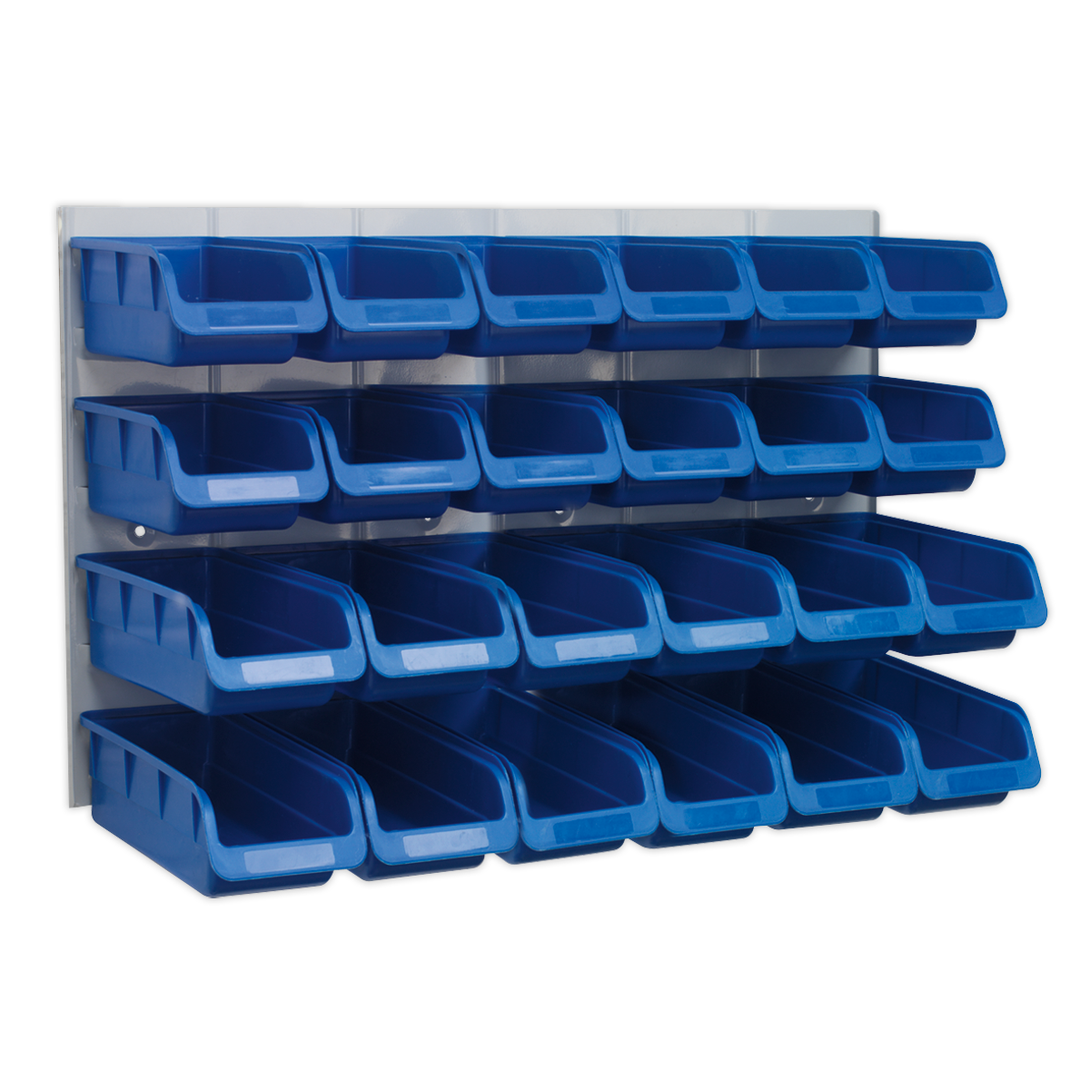 The Sealey Bin & Panel Combination 24 Bins - Blue (TPS131) is a wall-mounted storage unit featuring three rows of blue plastic bins and a heavy-duty steel back panel.