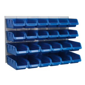 The Sealey Bin & Panel Combination 24 Bins - Blue (TPS131) is a wall-mounted storage unit featuring three rows of blue plastic bins and a heavy-duty steel back panel.