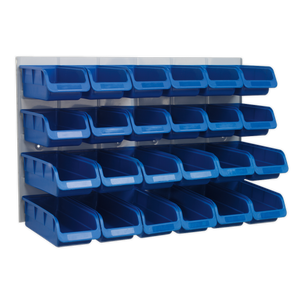 The Sealey Bin & Panel Combination 24 Bins - Blue (TPS131) is a wall-mounted storage unit featuring three rows of blue plastic bins and a heavy-duty steel back panel.