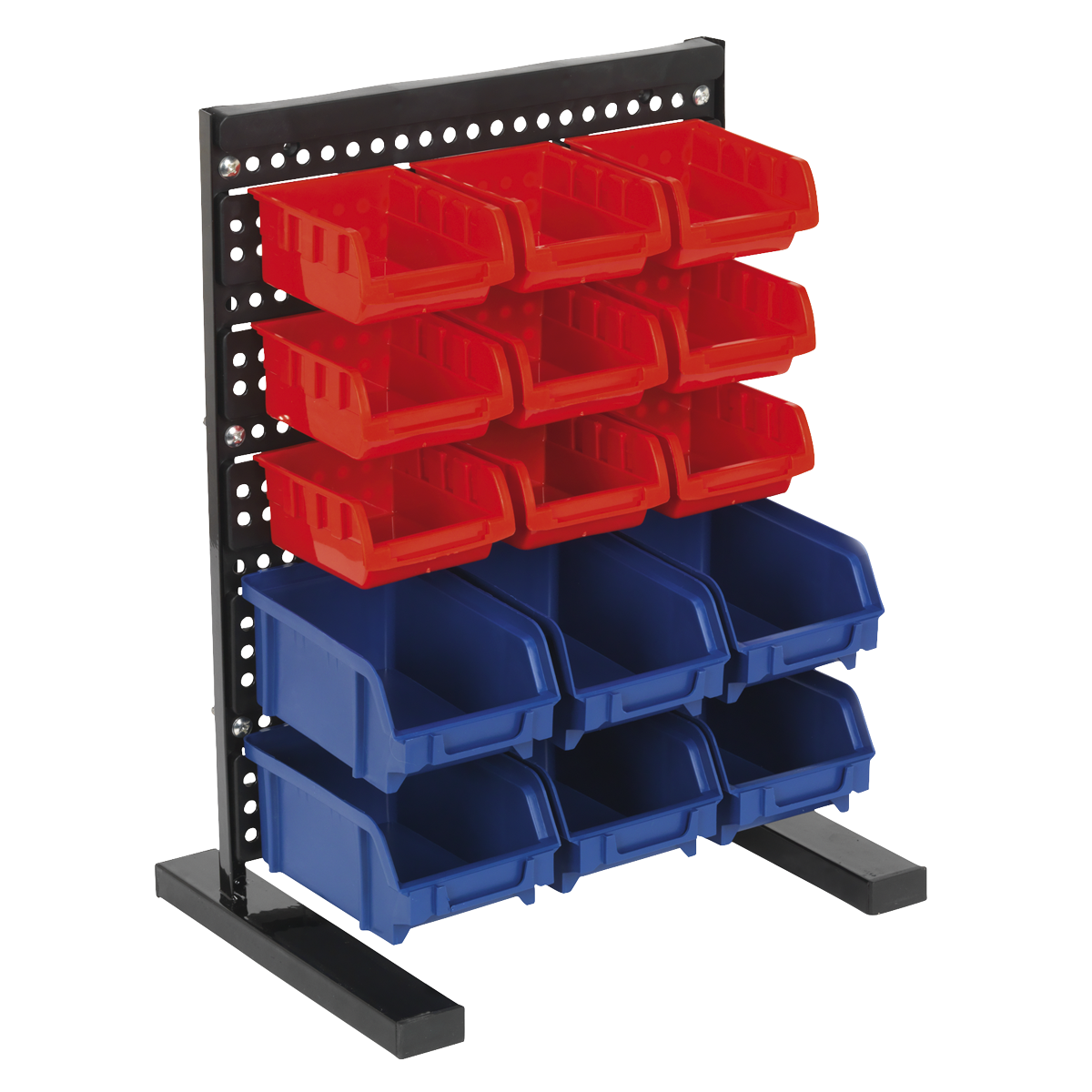 The Sealey Bin Storage System Bench Mounting 15 Bin - TPS1569 is a black metal workbench parts storage system that features three rows of red plastic bins on top and two rows of blue plastic bins at the bottom, making it ideal for organizing small components.