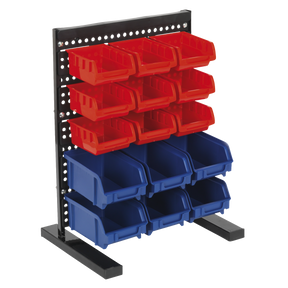 The Sealey Bin Storage System Bench Mounting 15 Bin - TPS1569 is a black metal workbench parts storage system that features three rows of red plastic bins on top and two rows of blue plastic bins at the bottom, making it ideal for organizing small components.