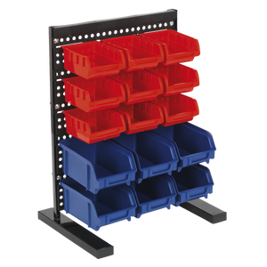 The Sealey Bin Storage System Bench Mounting 15 Bin - TPS1569 is a black metal workbench parts storage system that features three rows of red plastic bins on top and two rows of blue plastic bins at the bottom, making it ideal for organizing small components.