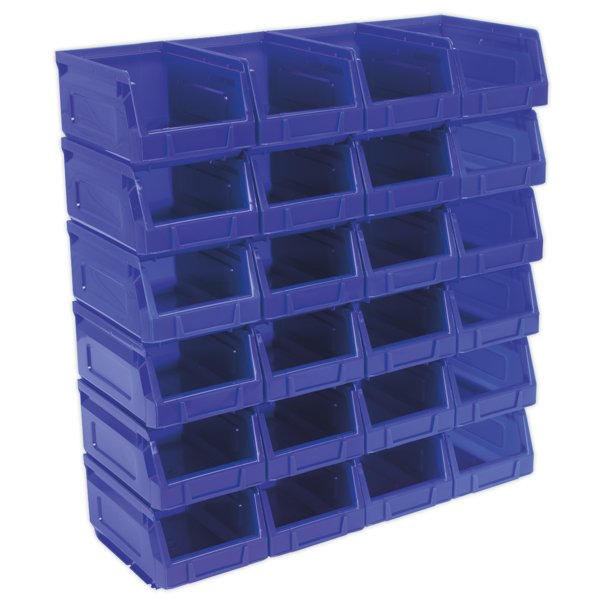 The Sealey TPS224B Plastic Storage Bin 105 x 165 x 85mm - Blue Pack of 24 is a shockproof polymer organizer featuring a durable blue design, with bins arranged in a practical 6x4 grid to resist damage.